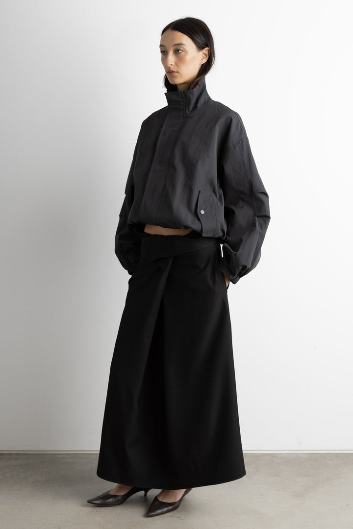 HIGH FUNNEL NECK CROPPED DRAWSTRING JACKET in Charcoal — alternate angle
