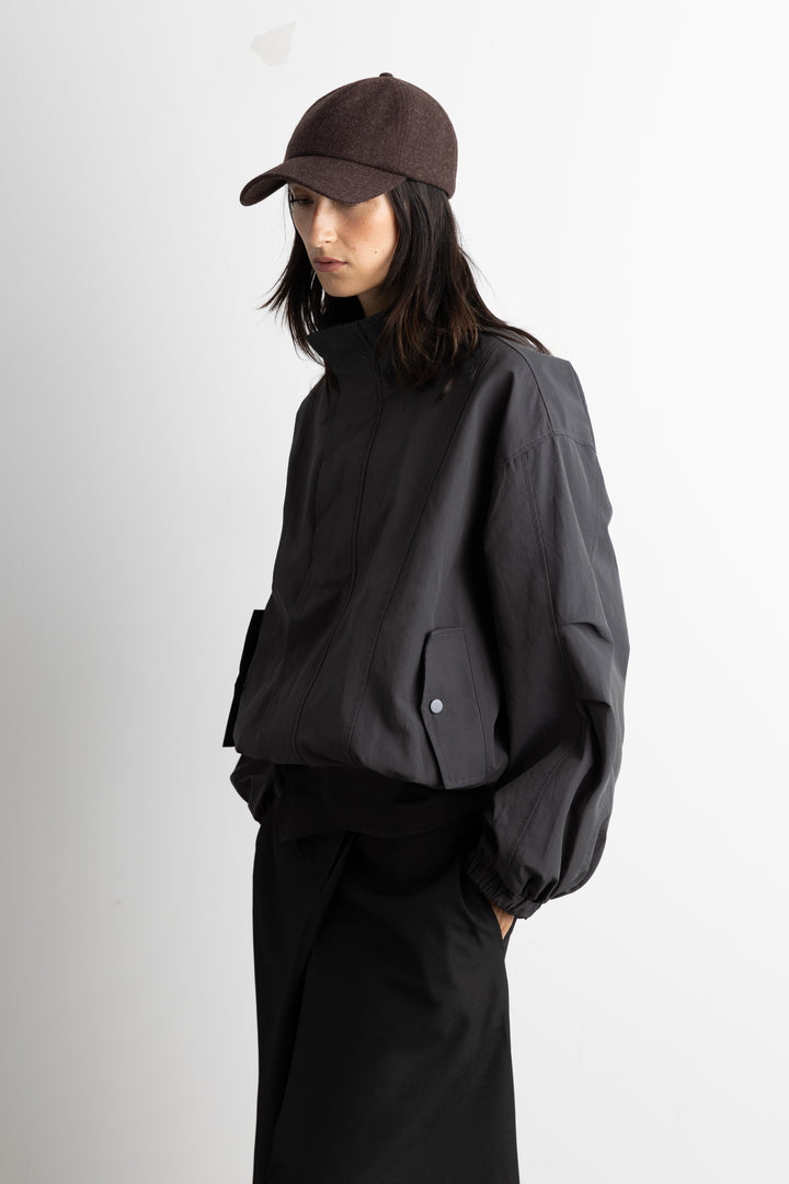 HIGH FUNNEL NECK CROPPED DRAWSTRING JACKET in Charcoal — alternate angle