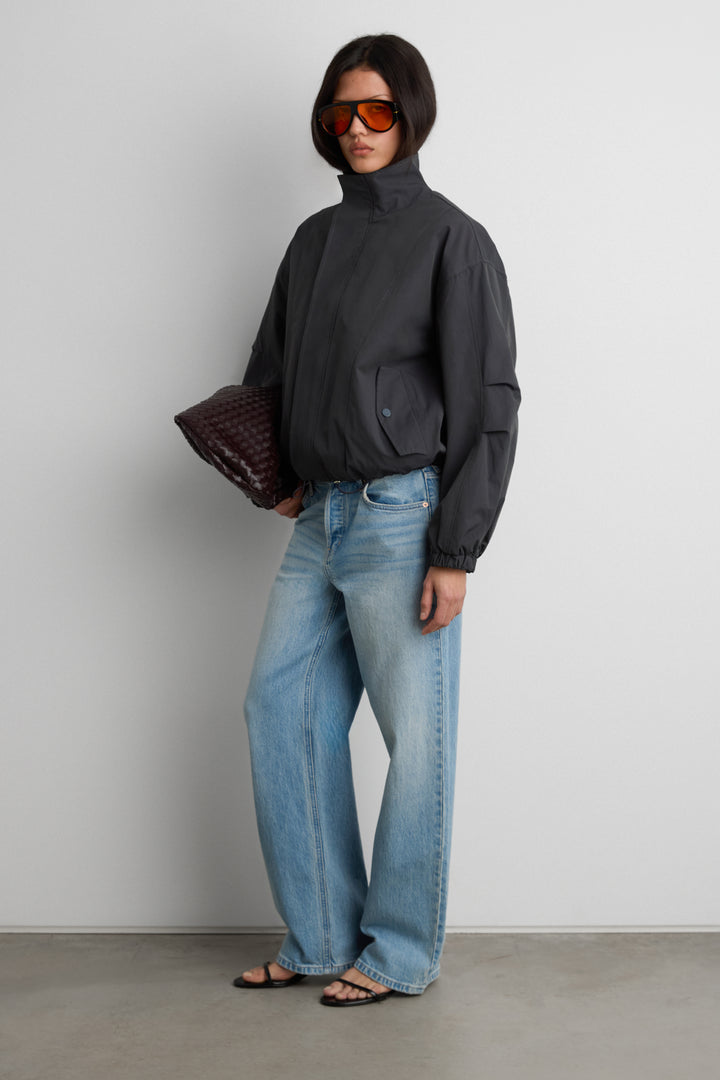 HIGH FUNNEL NECK CROPPED DRAWSTRING JACKET in Charcoal — alternate angle