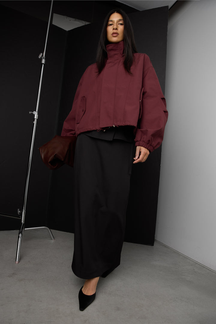 HIGH FUNNEL NECK CROPPED DRAWSTRING JACKET in Wine — alternate angle