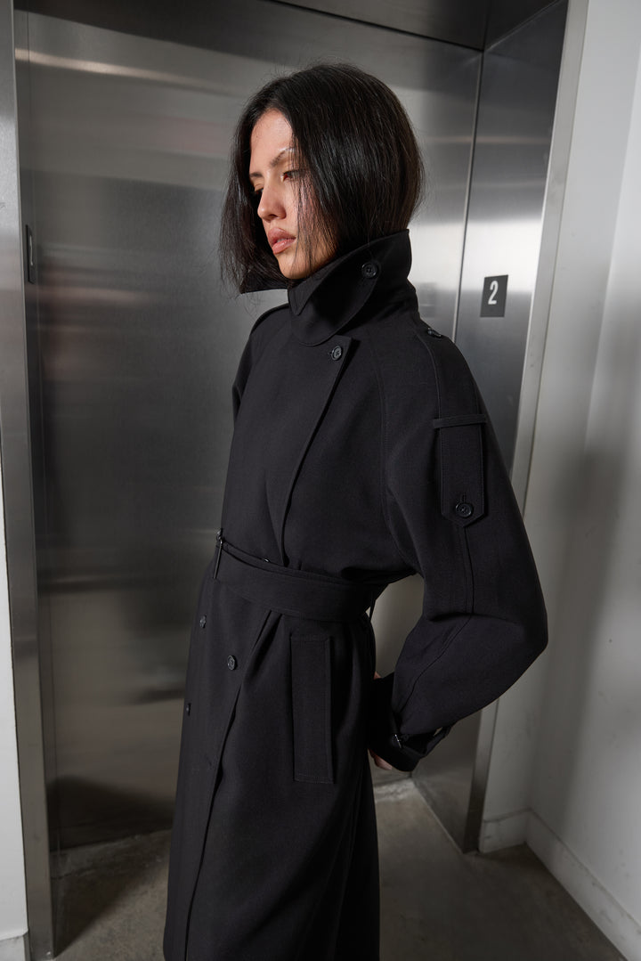 OVERSIZED TRENCH COAT WITH FUNNEL NECK in Black — alternate angle
