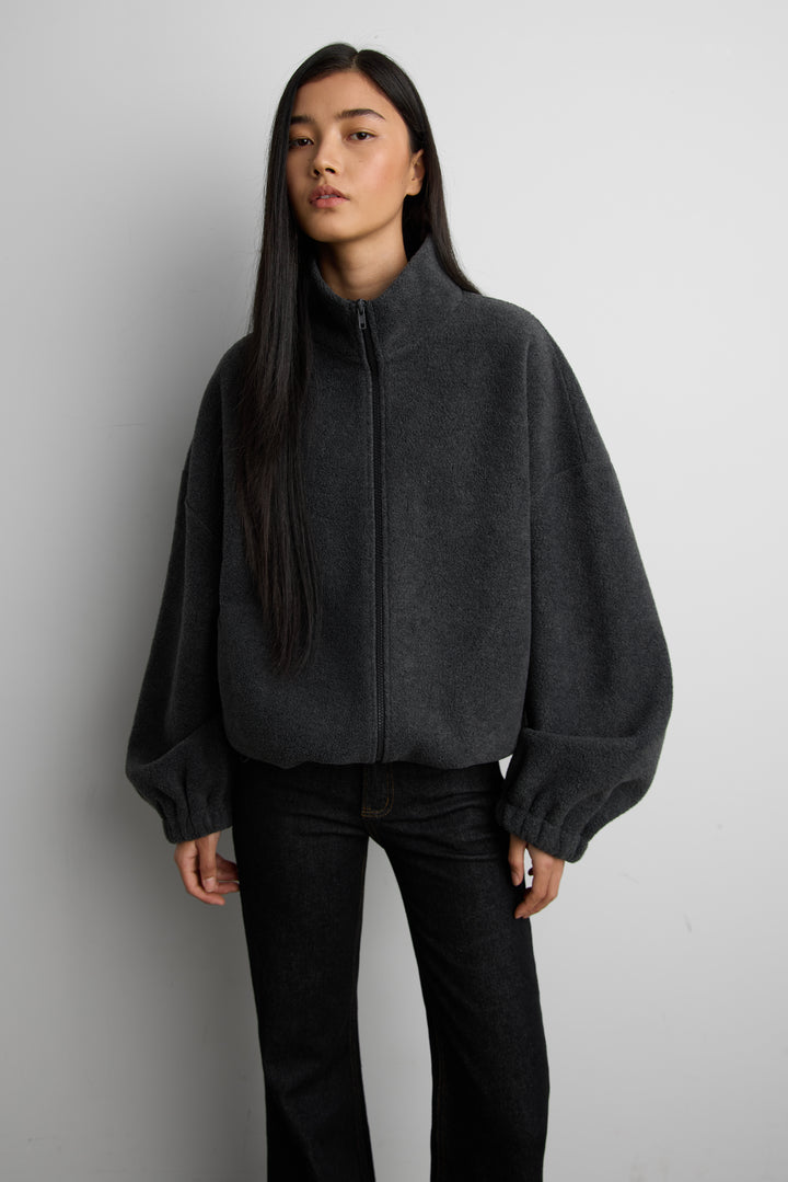 OVERSIZED FUNNEL NECK FLEECE JACKET in Charcoal — alternate angle