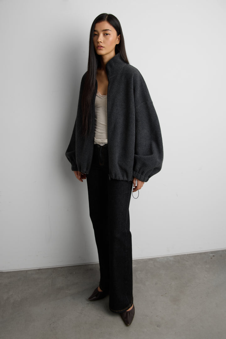 OVERSIZED FUNNEL NECK FLEECE JACKET in Charcoal — alternate angle