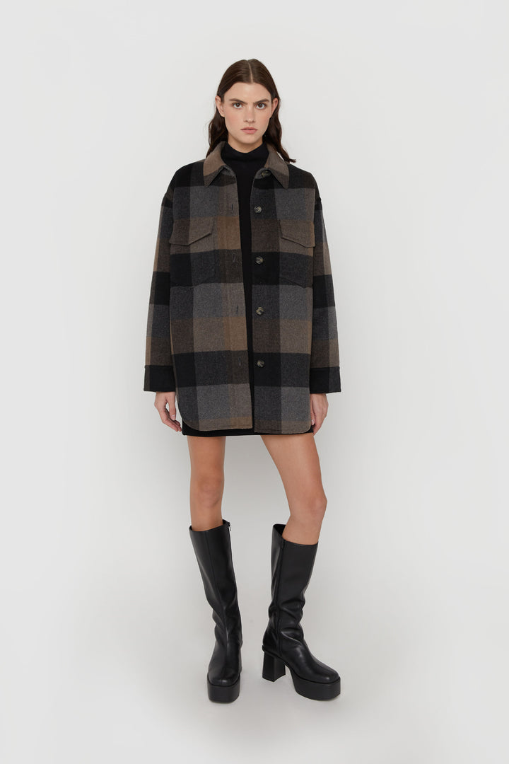 PLAID WOOL BLEND SHACKET in Black Fudge Buffalo Check — alternate angle
