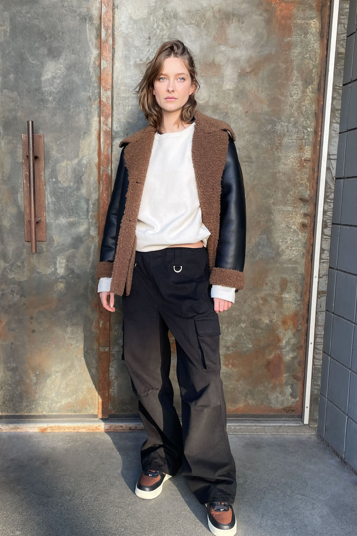 SHERPA TRIMMED VEGAN LEATHER JACKET in Black Coffee Liqueur — alternate angle