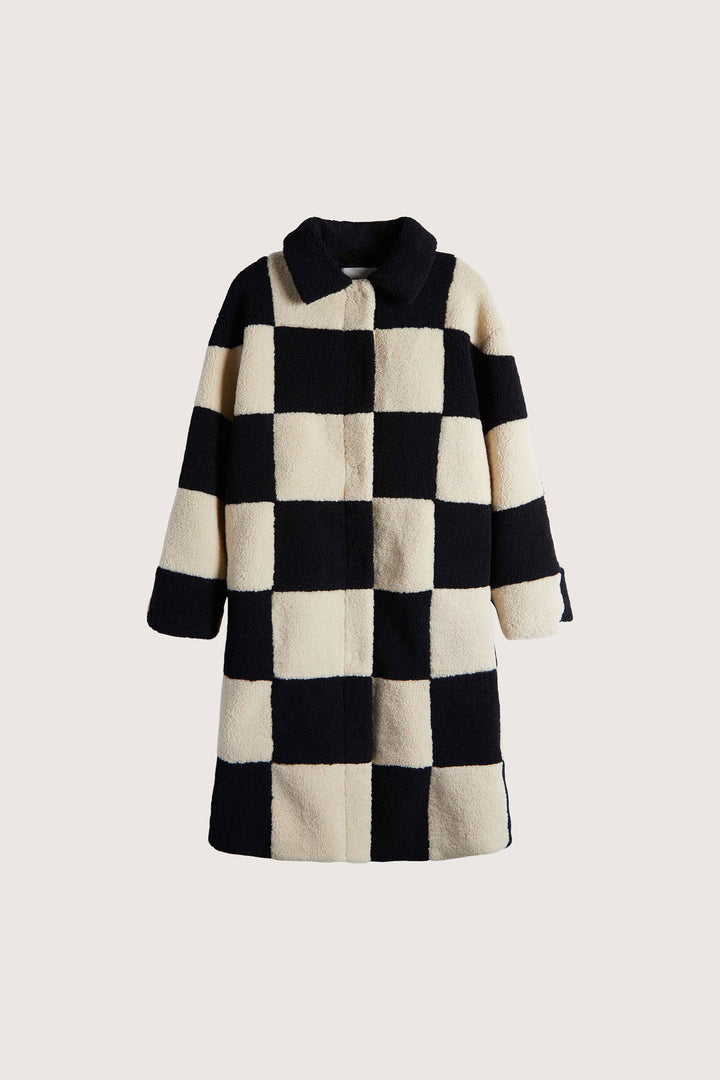 CHECKERED SHERPA COAT in Black Fog Checker — alternate angle