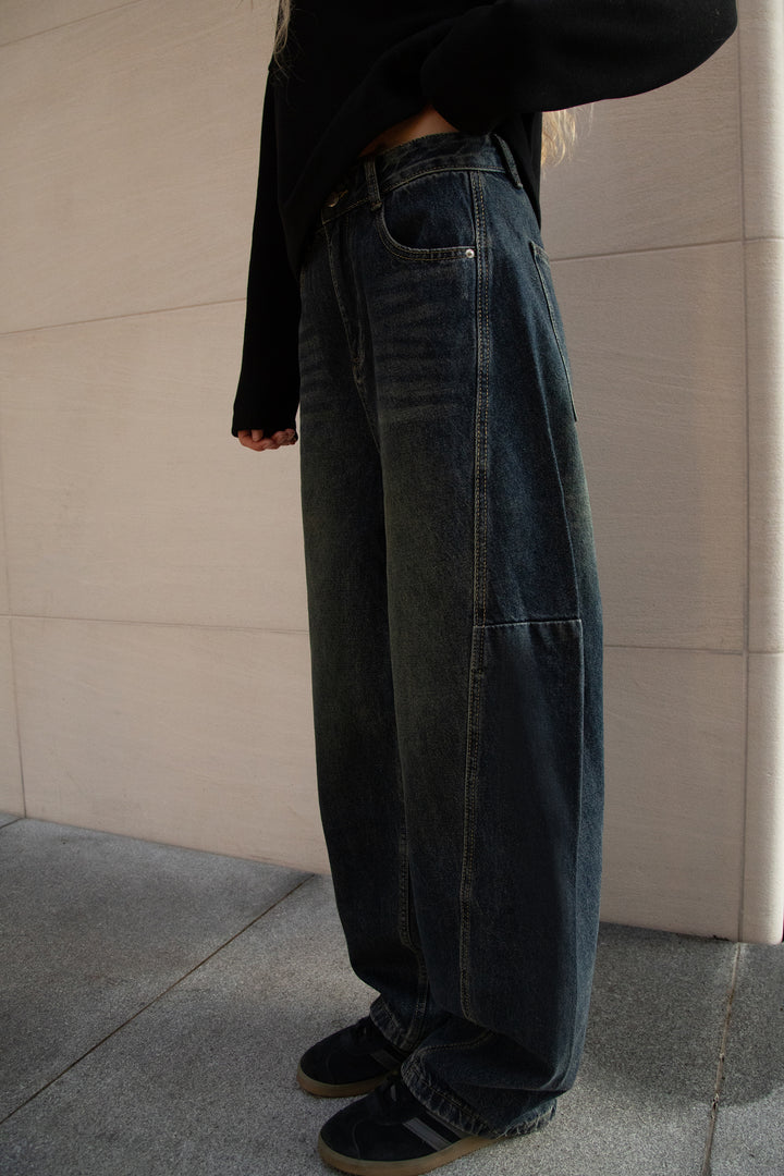 LINE STITCH BARREL CURVED LEG JEAN in Dark Wash — alternate angle