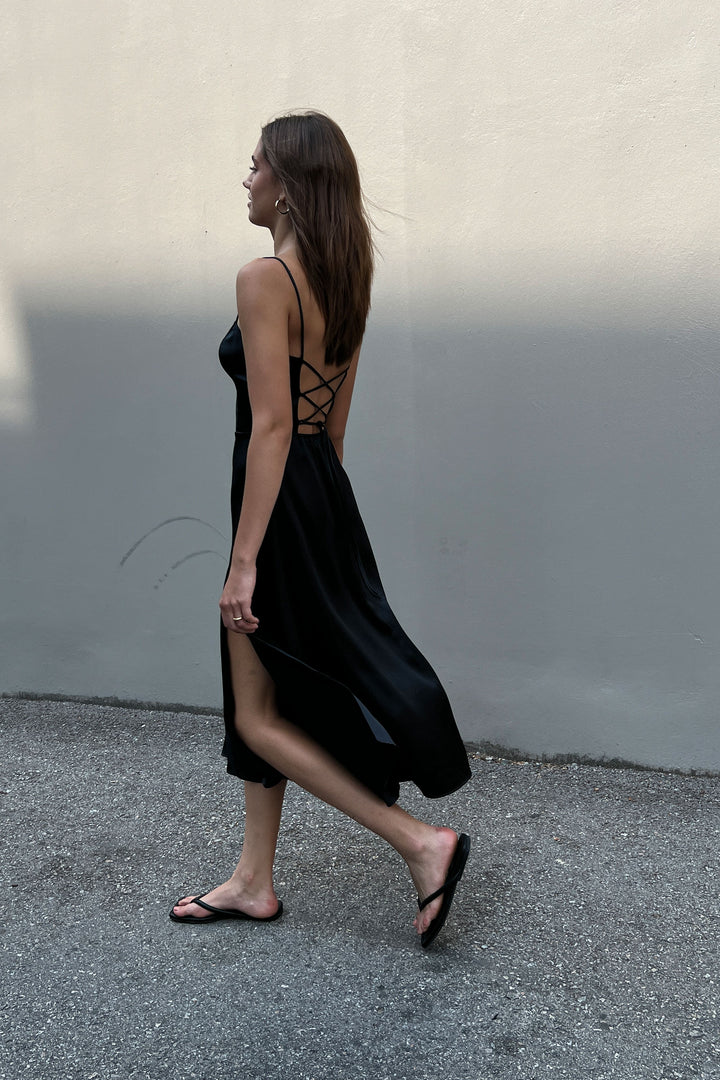 SQUARE NECK OPEN BACK DRESS in Black — alternate angle
