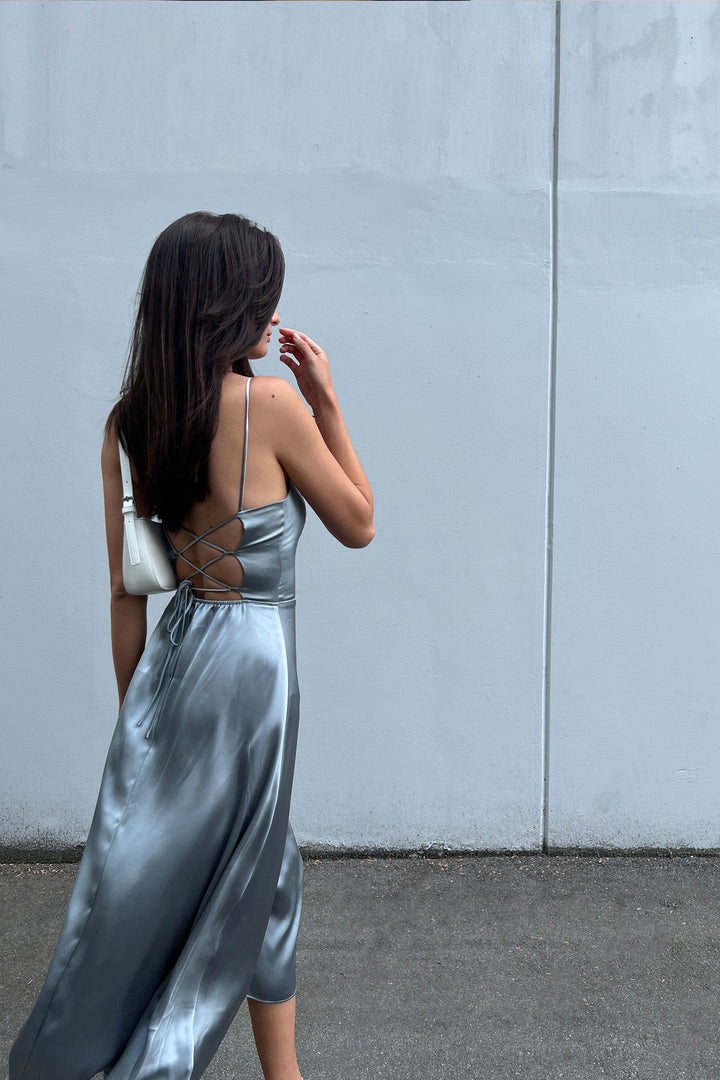 SQUARE NECK OPEN BACK DRESS in Misty Blue — alternate angle
