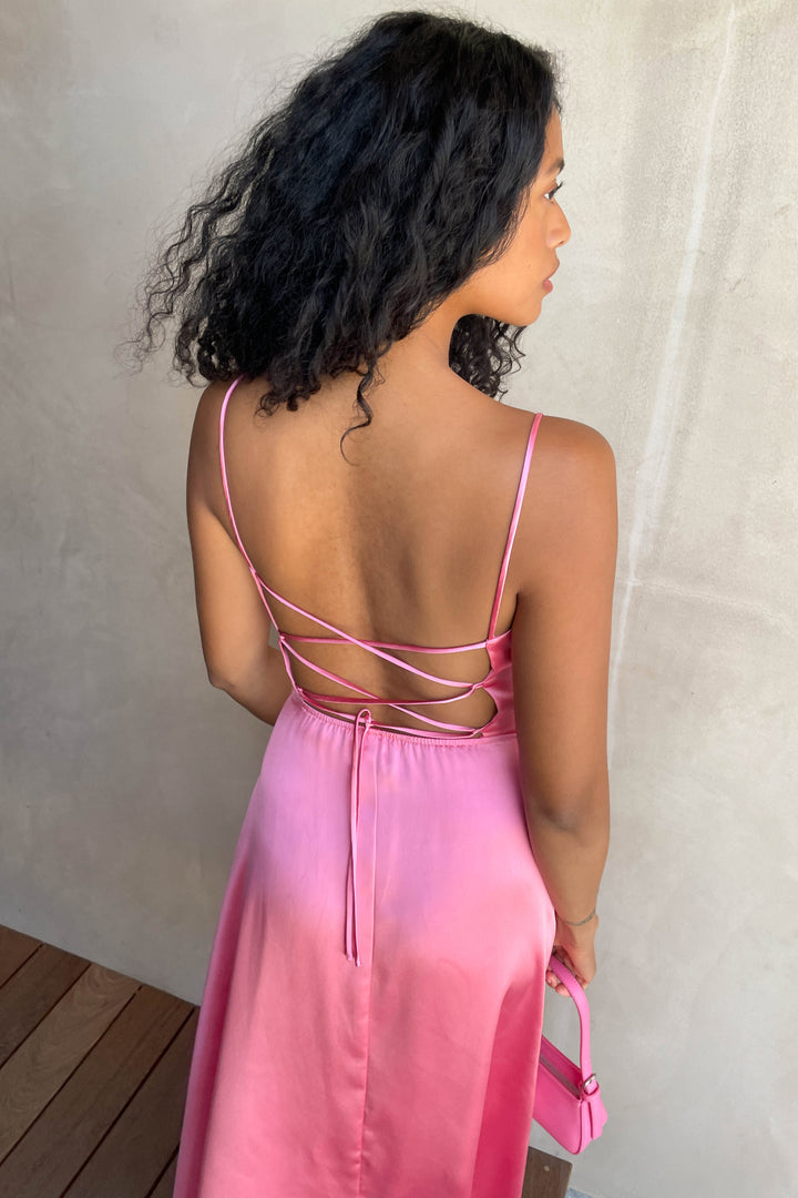 SQUARE NECK OPEN BACK DRESS in Pink Carnation — alternate angle