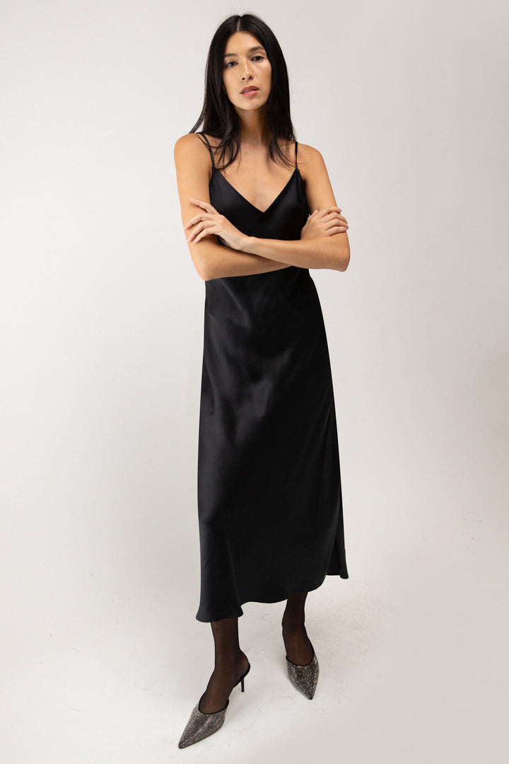 SATIN V-NECK SLIP MIDI DRESS in Black — alternate angle