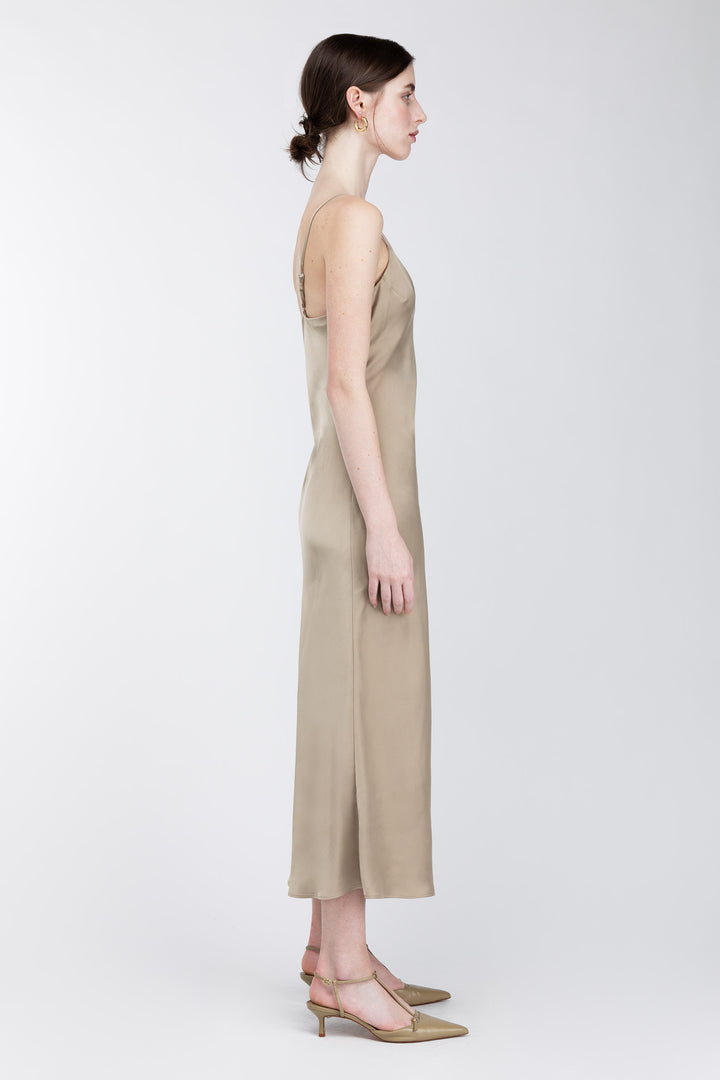 SATIN V-NECK SLIP MIDI DRESS in Trench Coat — alternate angle