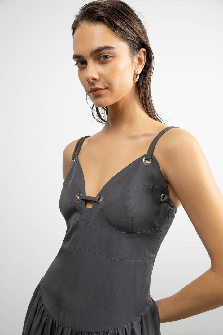 DROP-WAIST DRESS WITH METAL EYELETS in ASPHALT — alternate angle