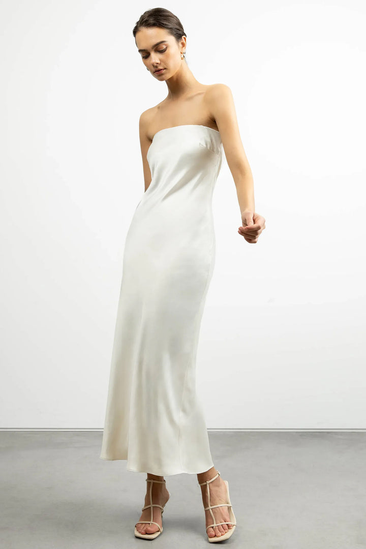 STRAPLESS SATIN DRESS in Cream — alternate angle