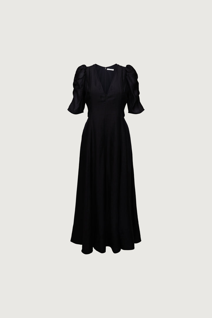 V-NECK PUFF SLEEVE MAXI DRESS in Black — alternate angle