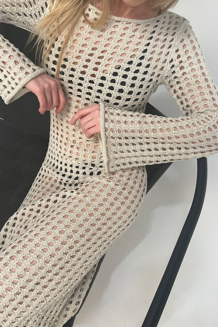 MIDI OPEN KNIT SWIMSUIT COVERUP DRESS in Fog — alternate angle