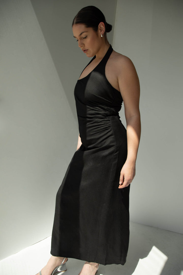 LINEN BLEND ASYMMETRIC HALTER MAXI DRESS in Black — alternate angle