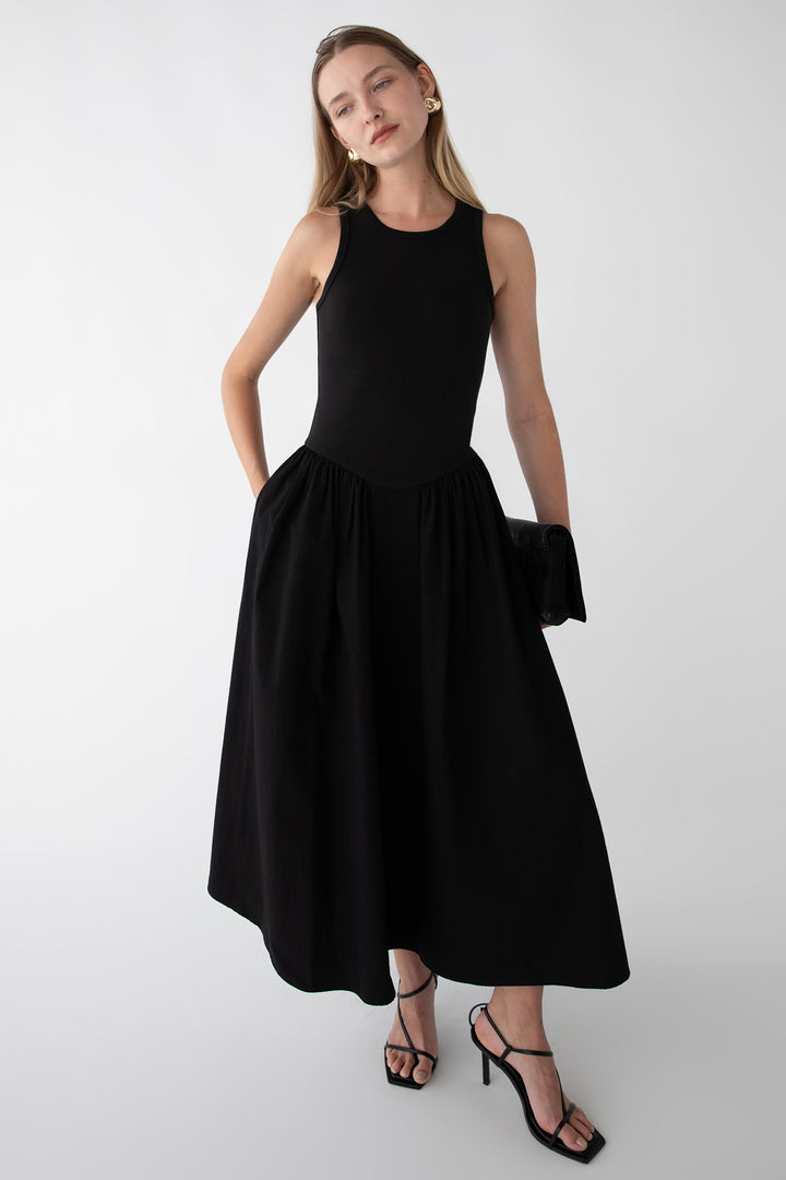 POPLIN RIB-KNIT DROP WAIST MIDI DRESS in Black — alternate angle