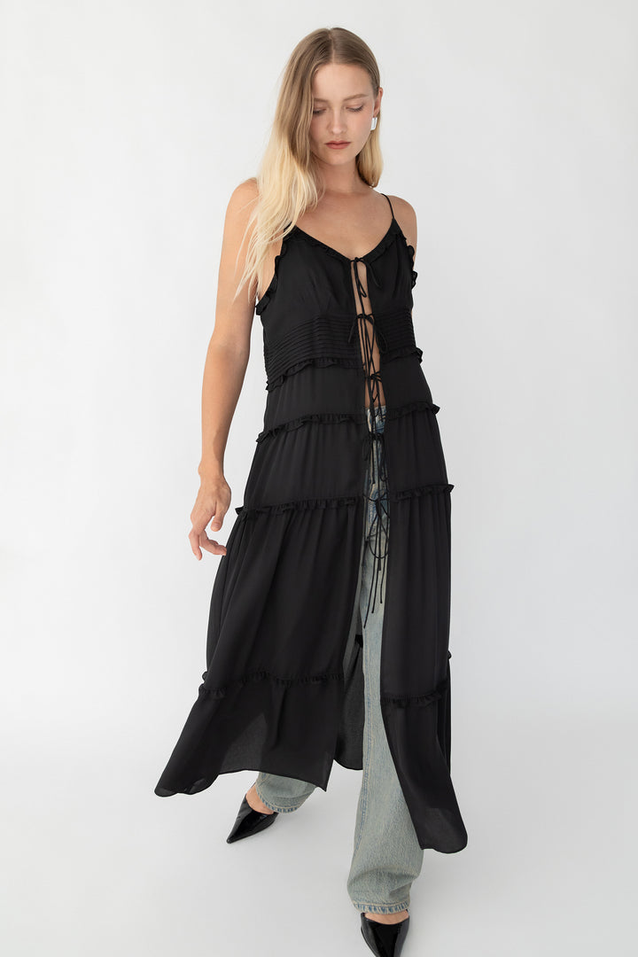 SHEER TIE-FRONT TIERED MIDI DRESS in Black — alternate angle