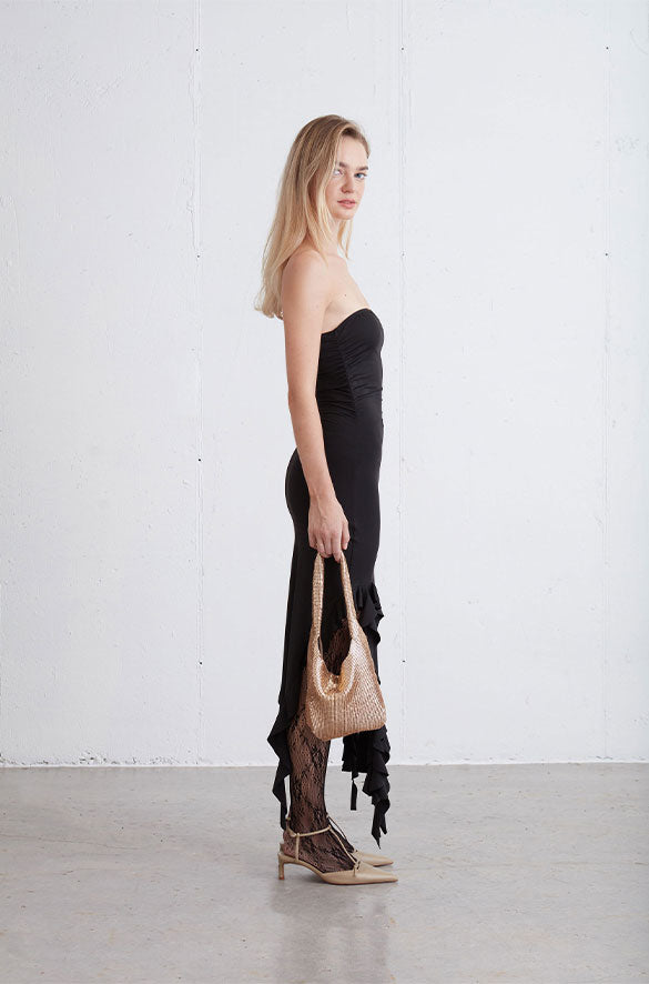 TUBE TOP DRESS WITH FRILL DETAILS in Black — alternate angle