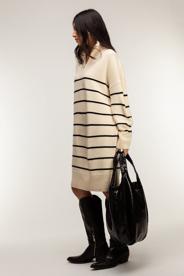 STRIPED HALF-ZIP KNIT DRESS in Oatmeal Black — alternate angle