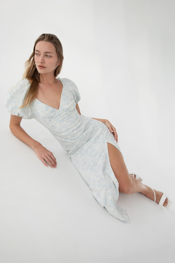 PUFF SLEEVE FLORAL MIDI DRESS in Ballad Blue Floral — alternate angle