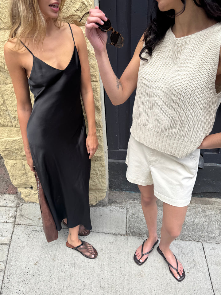 SATIN V-NECK MIDI DRESS in Black — alternate angle