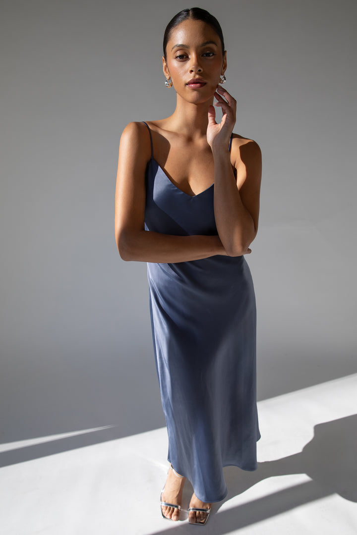 SATIN V-NECK MIDI DRESS in Grisaille — alternate angle