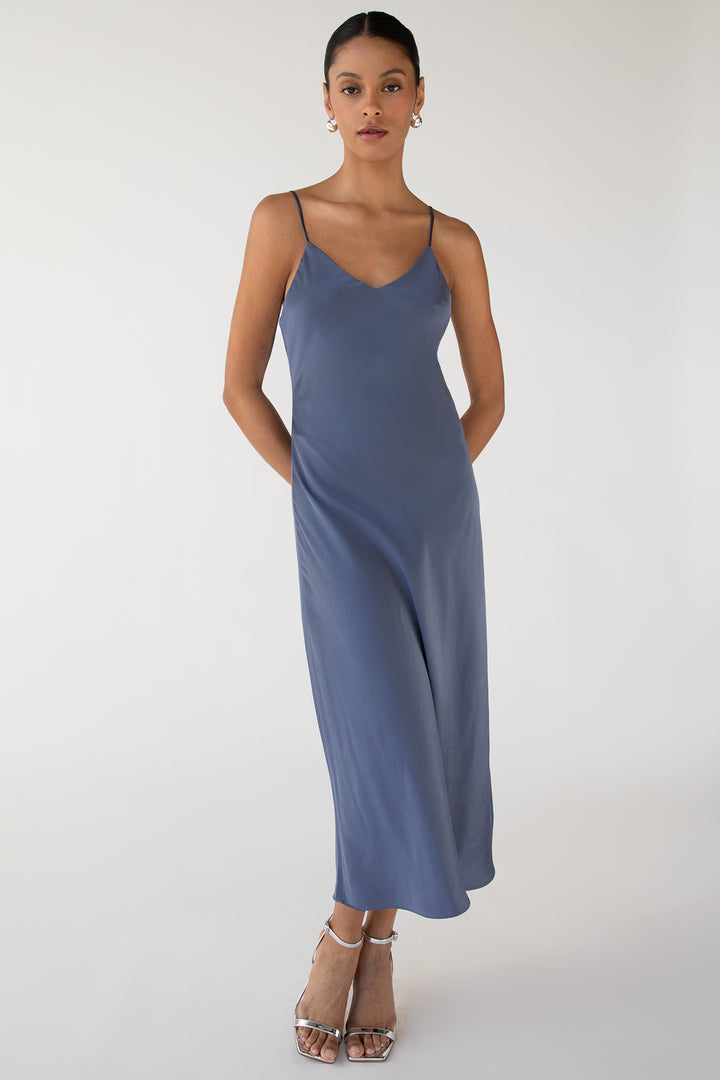 SATIN V-NECK MIDI DRESS in Grisaille — alternate angle