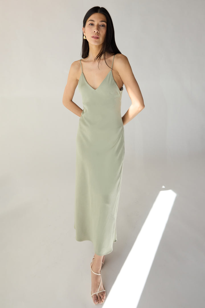 SATIN V-NECK MIDI DRESS in Tea — alternate angle