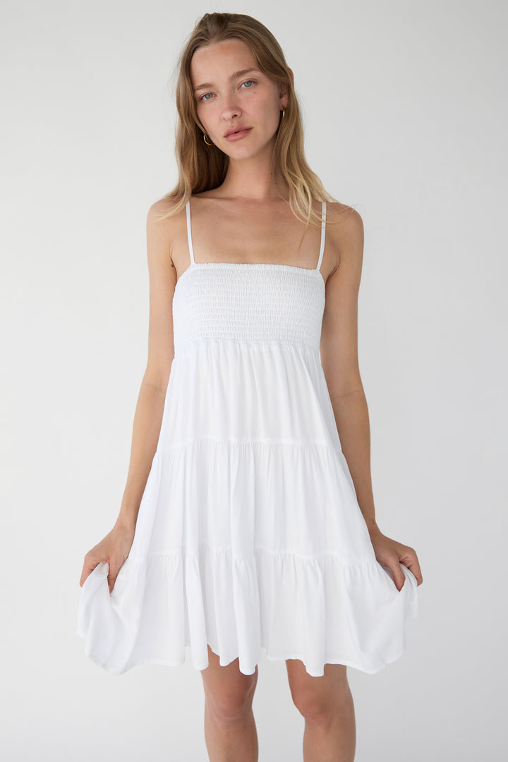 SMOCKED TIERED MINI DRESS in White — alternate angle