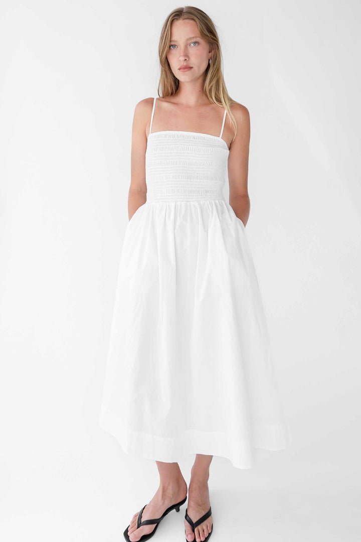 SMOCKED POPLIN MIDI DRESS in White — alternate angle