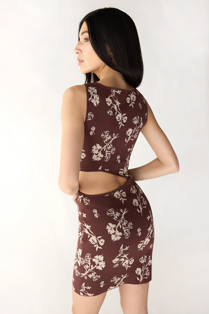 ONE SHOULDER KNIT MINI DRESS WITH CUTOUT in Brownstone Floral — alternate angle