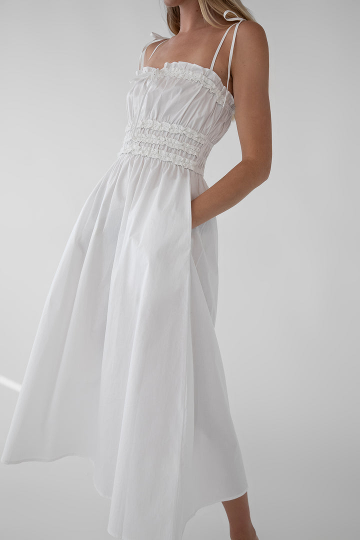 SHIRRED BODICE MIDI DRESS in White — alternate angle