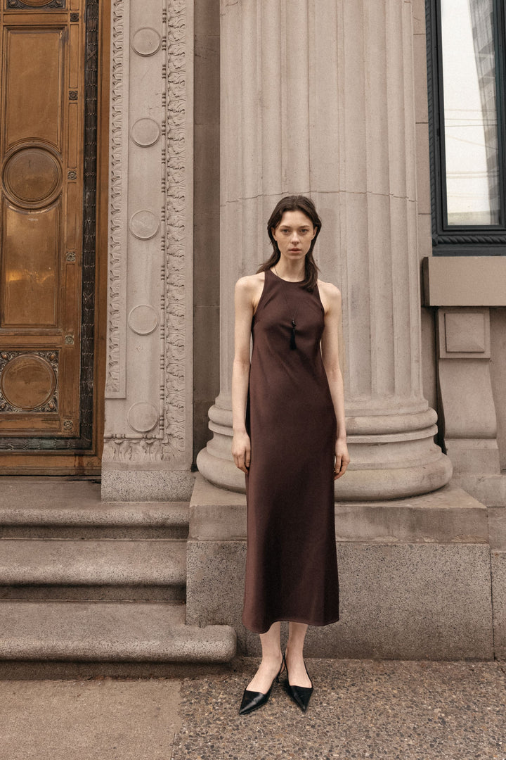 SLEEVELESS MIDI SATIN DRESS in Wine — alternate angle