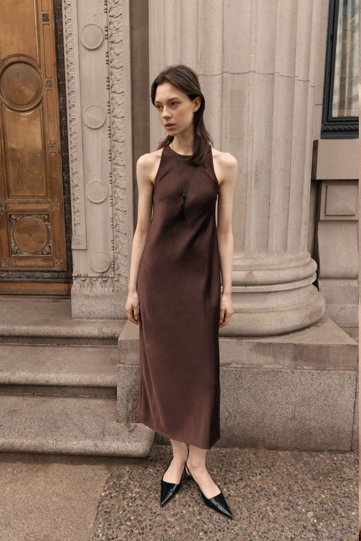 SLEEVELESS MIDI SATIN DRESS in Wine — alternate angle