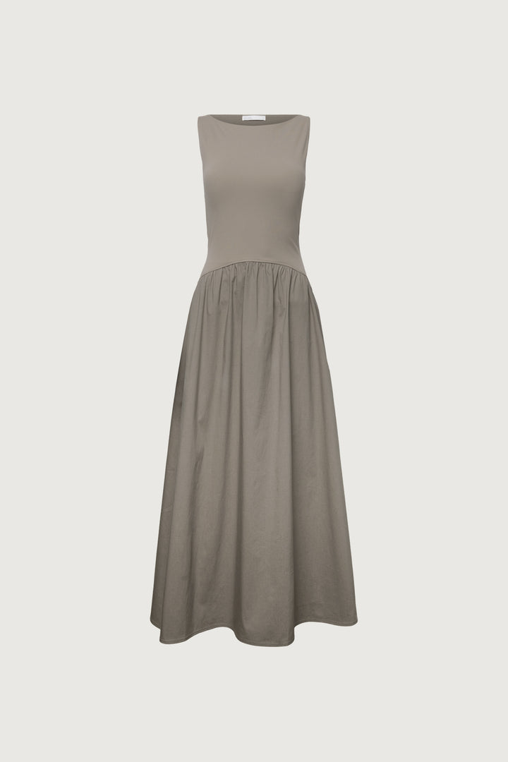 BOAT NECK GATHERED WAIST MIDI DRESS in Brindle — alternate angle