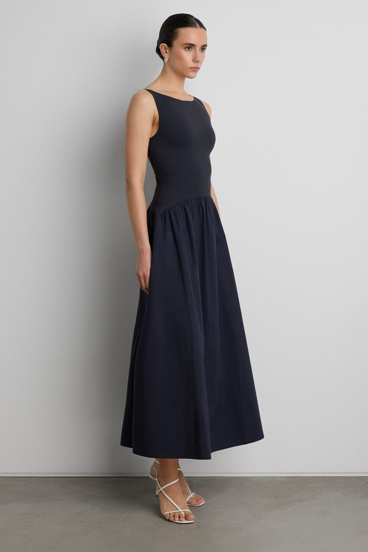 BOAT NECK GATHERED WAIST MIDI DRESS in Navy — alternate angle
