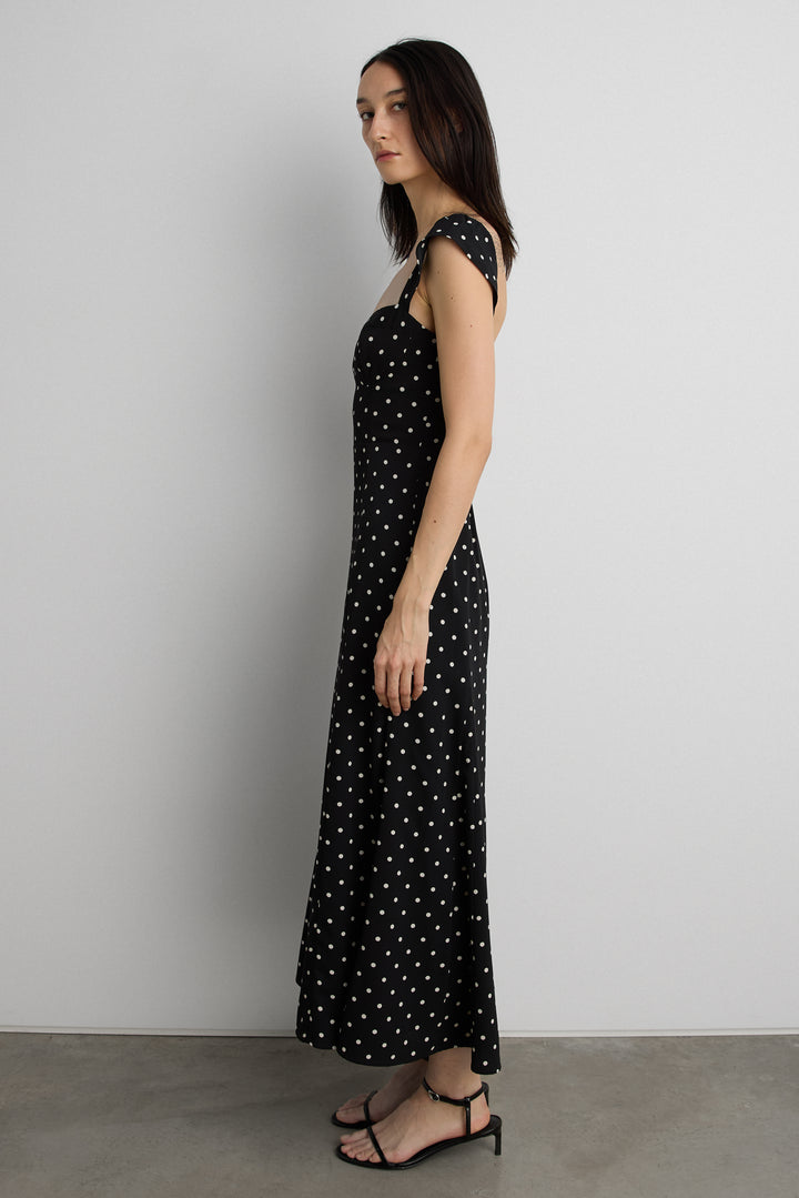 SWEETHEART NECKLINE CORSET MIDI DRESS in BLACK POLKA DOT — alternate angle