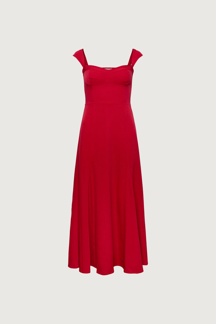 SWEETHEART NECKLINE CORSET MIDI DRESS in Scarlet Red — alternate angle