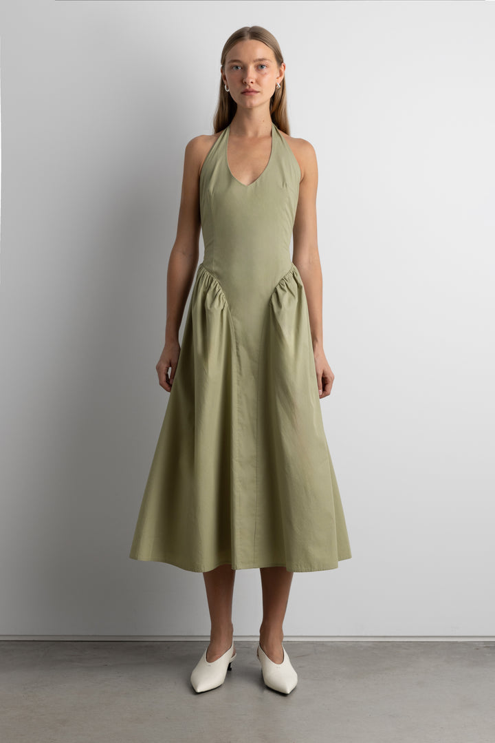 COTTON POPLIN HALTER MIDI DRESS in Tea — alternate angle
