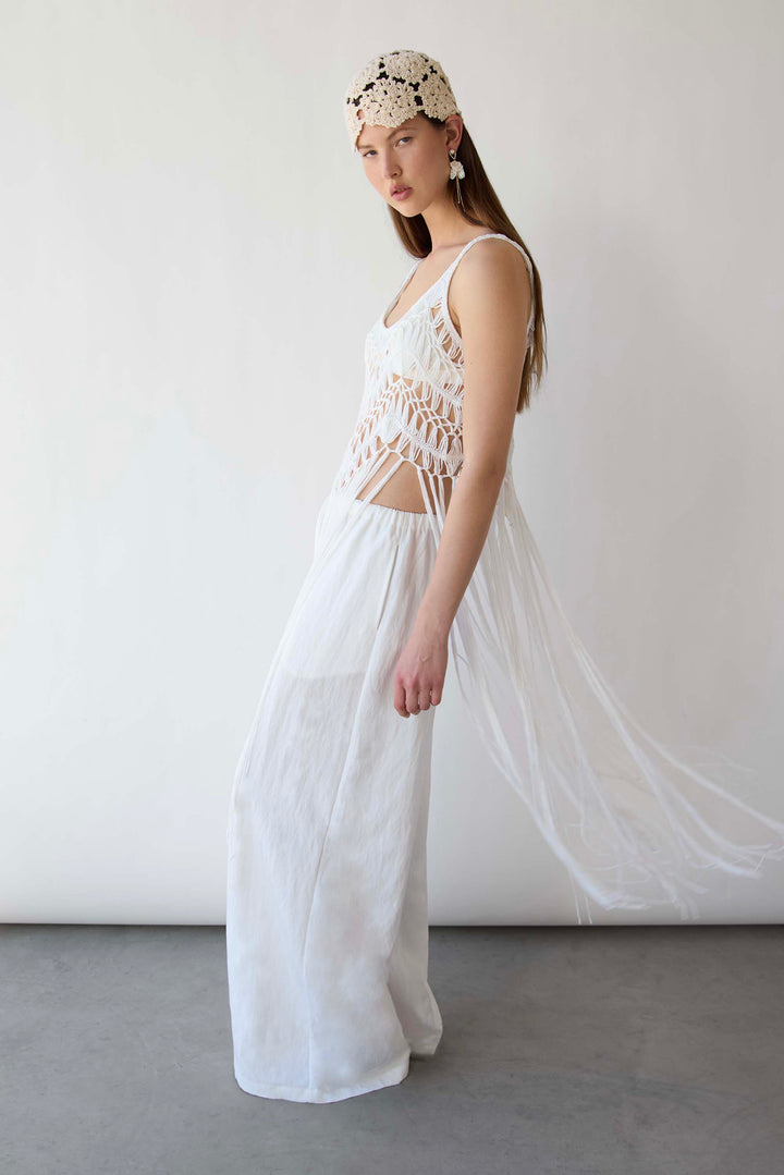 MACRAME DRESS WITH LONG TASSEL OVERLAY DETAIL in White — alternate angle