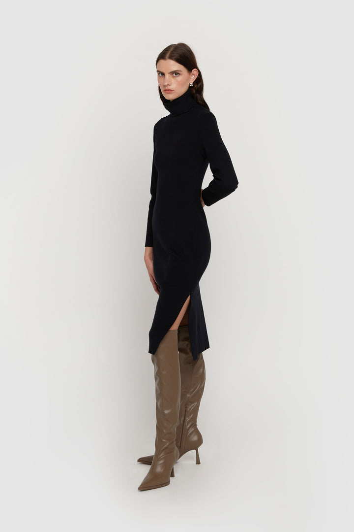 TURTLENECK OPEN BACK SWEATER DRESS in Black — alternate angle