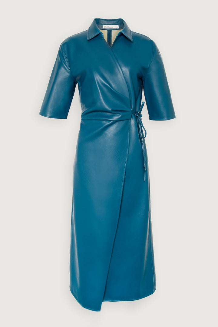 VEGAN LEATHER WRAP DRESS in Legion Blue — alternate angle