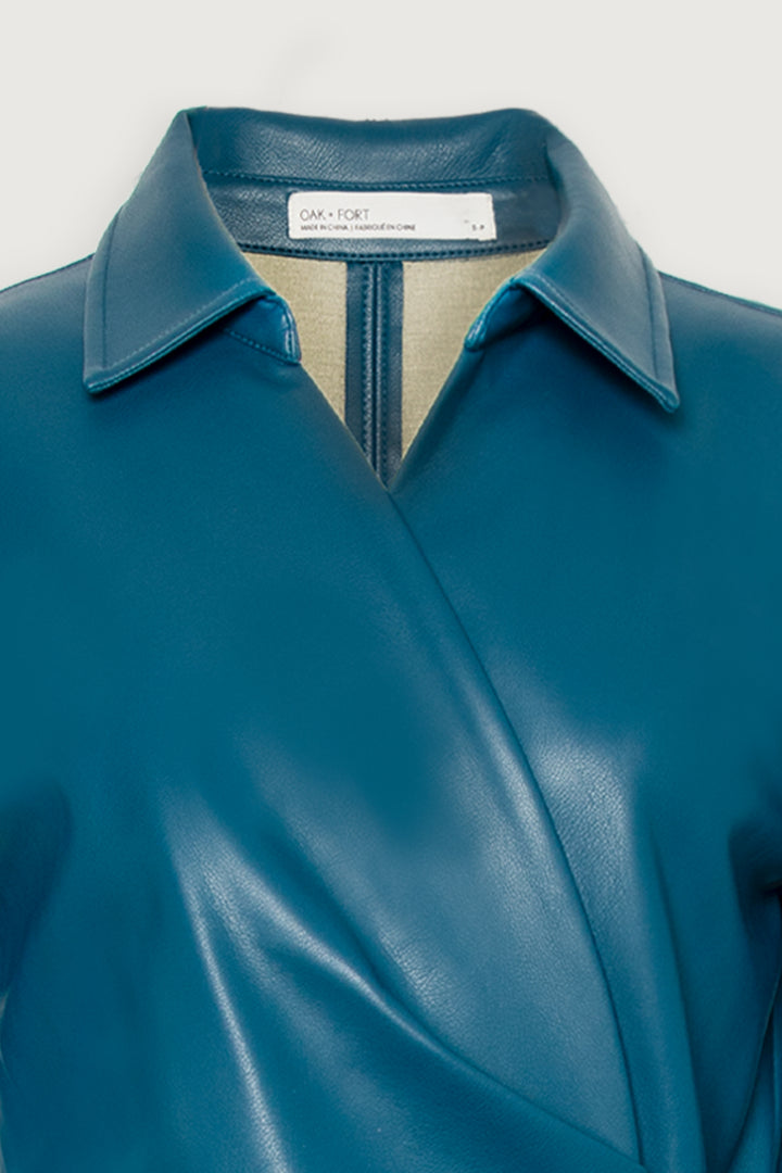 VEGAN LEATHER WRAP DRESS in Legion Blue — alternate angle