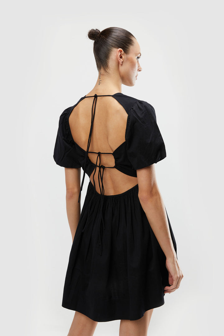 PUFF SLEEVE MINI DRESS in Black — alternate angle