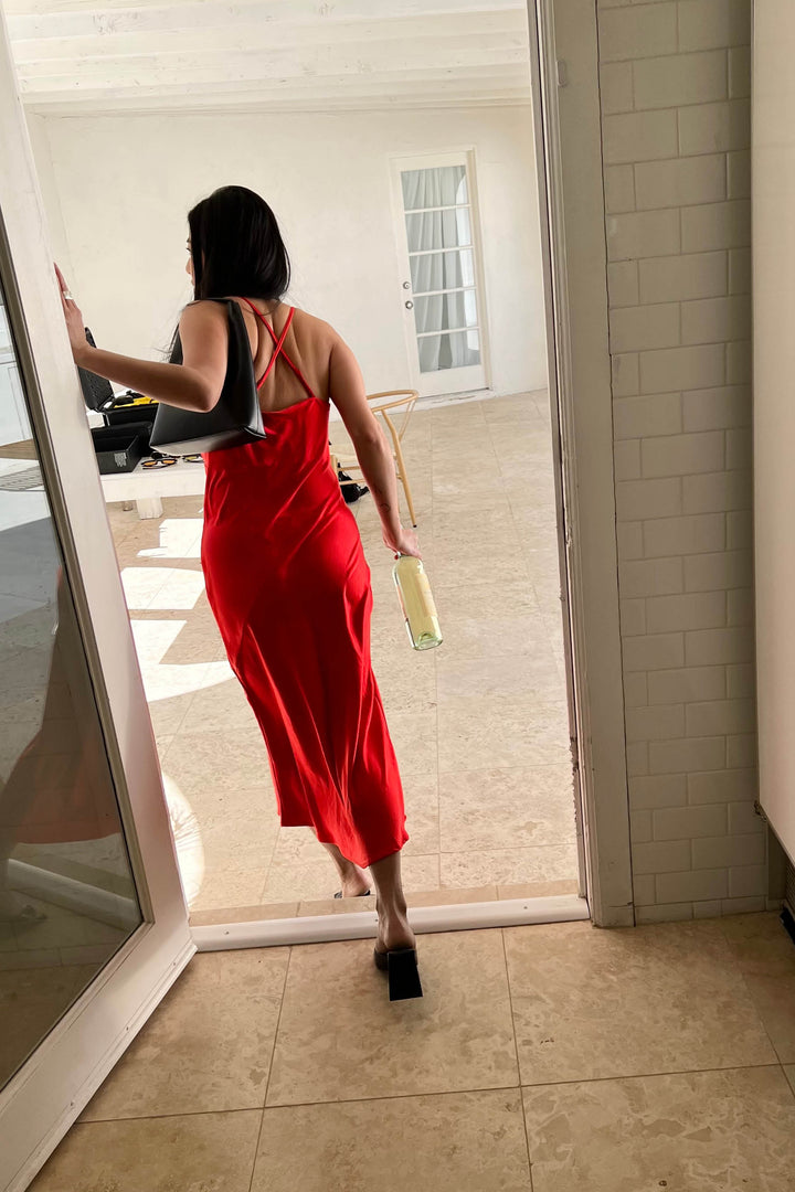 V-NECK SATIN SLIP DRESS in Red Alert — alternate angle