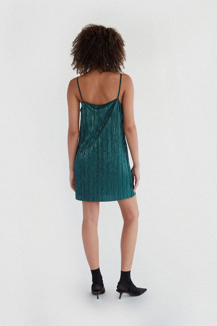 SPARKLY PLEATED MINI DRESS in Seamoss Shimmer — alternate angle