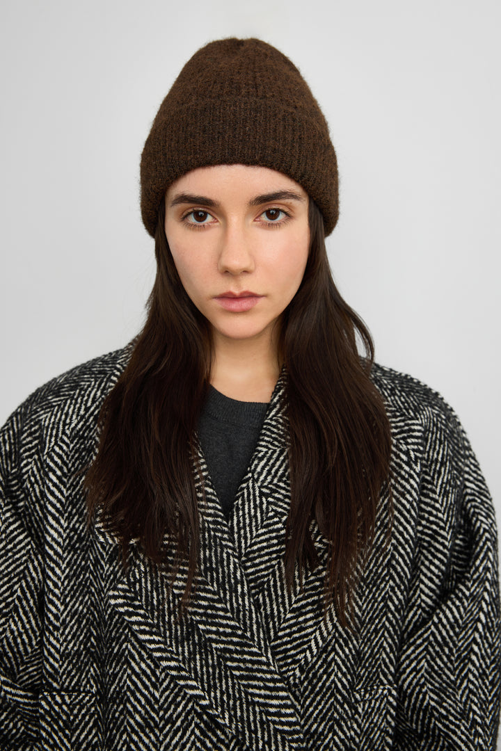 FUZZY RIBBED KNIT BEANIE in TRUFFLE BROWN — alternate angle