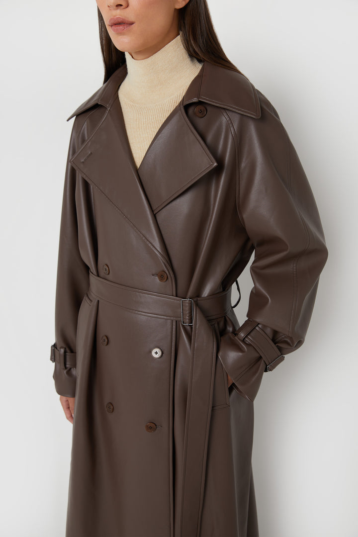 OVERSIZED VEGAN LEATHER TRENCH COAT in Chocolate Brown — alternate angle